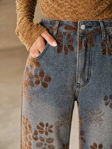 Anewsta Women's Casual Daily Wear Denim Jeans With Pockets, Buttons And Floral Pattern - Blue - View 1