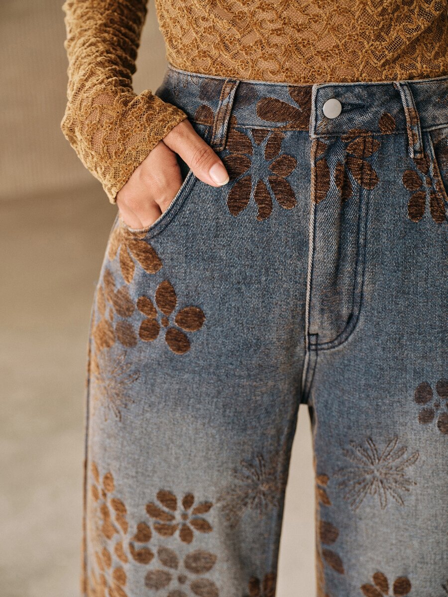 Anewsta Women's Casual Daily Wear Denim Jeans With Pockets, Buttons And Floral Pattern - Blue - View 1