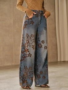 Anewsta Women's Casual Daily Wear Denim Jeans With Pockets, Buttons And Floral Pattern - Blue - View 4