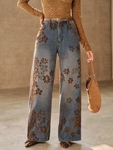 Anewsta Women's Casual Daily Wear Denim Jeans With Pockets, Buttons And Floral Pattern - Blue - View 6