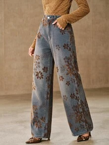 Anewsta Women's Casual Daily Wear Denim Jeans With Pockets, Buttons And Floral Pattern - Blue - View 5