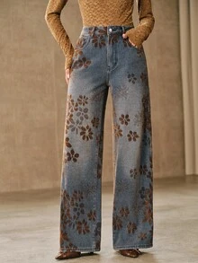 Anewsta Women's Casual Daily Wear Denim Jeans With Pockets, Buttons And Floral Pattern - Blue - View 2