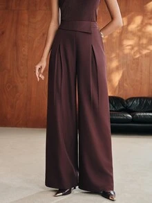 Anewsta Celana Panjang Wanita Model Baru Urban Modern Kasual Sehari-hari Minimalis Desain Warna Polos Pinggang Tinggi Model Drape - Coklat - View 2