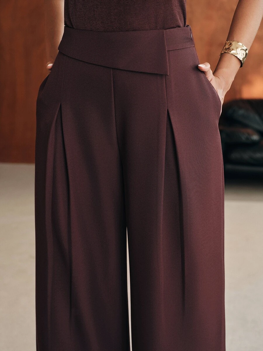 Anewsta Celana Panjang Wanita Model Baru Urban Modern Kasual Sehari-hari Minimalis Desain Warna Polos Pinggang Tinggi Model Drape - Coklat - View 1
