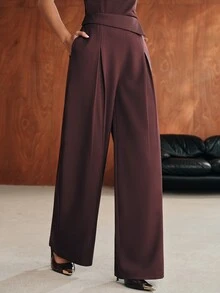Anewsta Celana Panjang Wanita Model Baru Urban Modern Kasual Sehari-hari Minimalis Desain Warna Polos Pinggang Tinggi Model Drape - Coklat - View 3