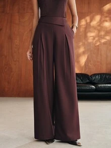 Anewsta Celana Panjang Wanita Model Baru Urban Modern Kasual Sehari-hari Minimalis Desain Warna Polos Pinggang Tinggi Model Drape - Coklat - View 6