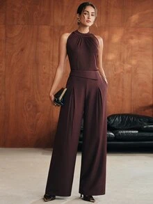 Anewsta Celana Panjang Wanita Model Baru Urban Modern Kasual Sehari-hari Minimalis Desain Warna Polos Pinggang Tinggi Model Drape - Coklat - View 4