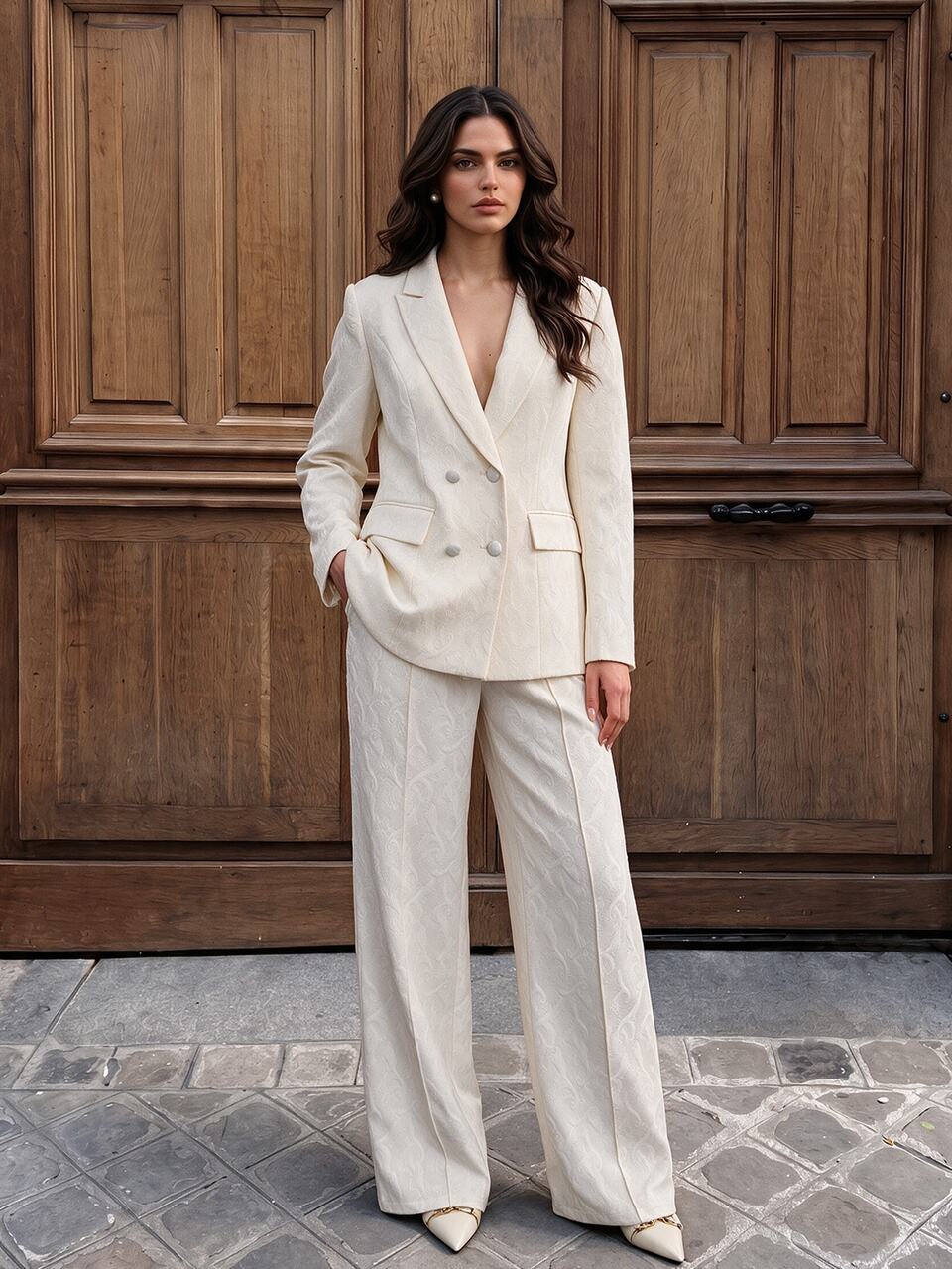 Anewsta Jacquard Peak Collar Double Breasted Blazer