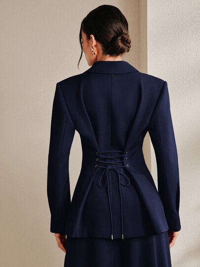 Anewsta Women's Vintage Cinched Waist Blazer, Front And Back 3D Pleated Design, Back Tie Cinched Waist Mid-Length Jacket, Fall Outfit, Daily Commute, Office, Date, Afternoon Tea Party