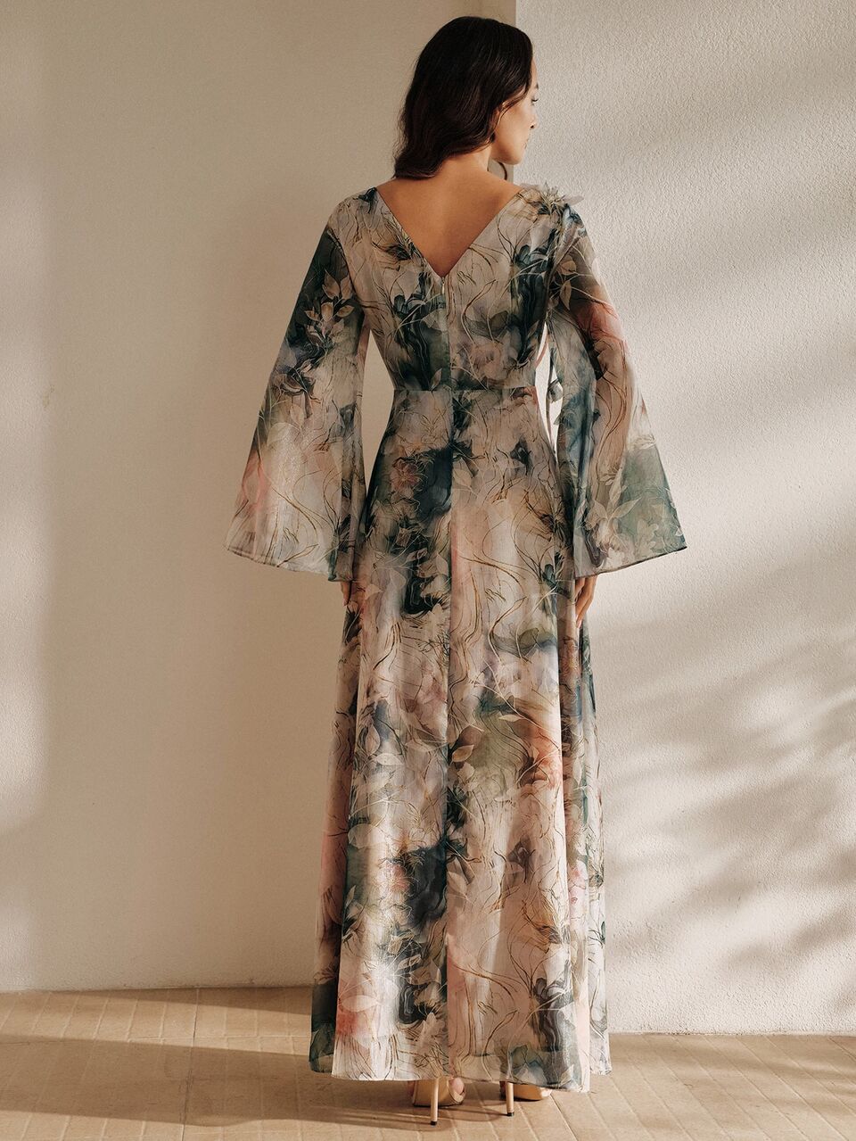 Anewsta Beige Elegant Wedding Bridal Floral Chiffon Maxi Dress,Spring And Summer Bohemian V-Neck Bell Sleeves 3D Floral Appliques Wedding Guest Cocktail Party