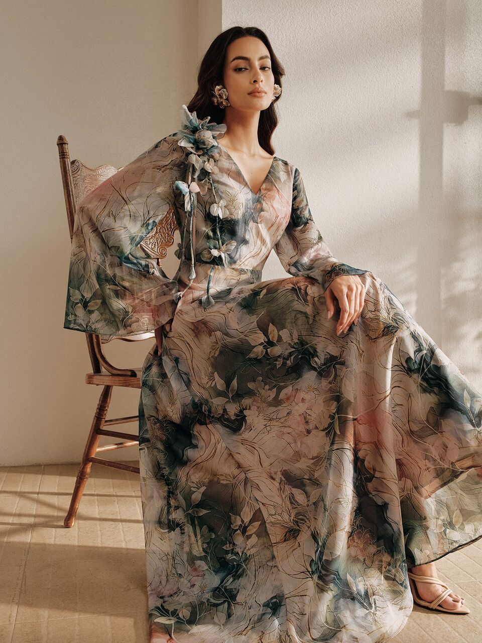 Anewsta Beige Elegant Wedding Bridal Floral Chiffon Maxi Dress,Spring And Summer Bohemian V-Neck Bell Sleeves 3D Floral Appliques Wedding Guest Cocktail Party