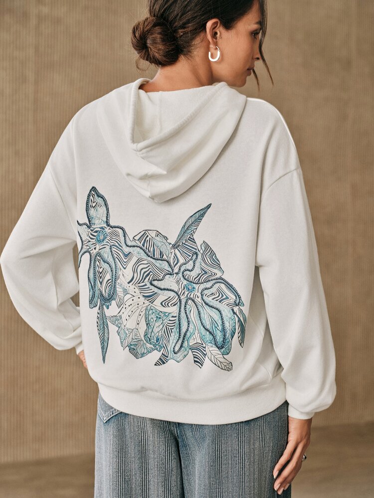 Anewsta Women's Fall Patterned Drop Shoulder Long Sleeve Casual Drawstring Hooded Sweatshirt Everyday School Blue And White Autumn - White - View 3
