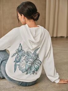 Anewsta Women's Patterned Drop Shoulder Long Sleeve Casual Drawstring Hooded Sweatshirt - White - View 7