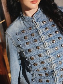Anewsta Women's Fashion New Design Heavy-Duty Button Light Blue Jeans Jacket Night Out Fall Retro Street - Blue - View 3