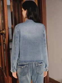Anewsta Women's Fashion New Design Heavy-Duty Button Light Blue Jeans Jacket Night Out Fall Retro Street - Blue - View 7