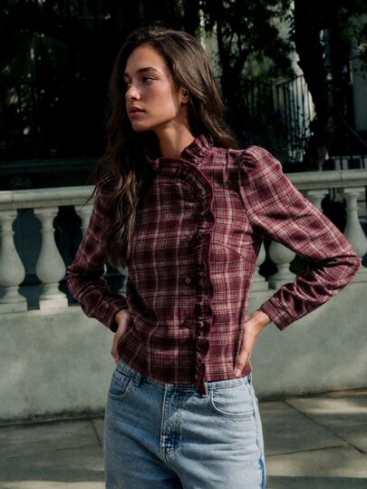 Nöista Geruite top met schuine kraag en ruiszoom, bordeauxrood, romantisch, elegant, Franse vintage, herfst, uitgaan, casual, schattig, Thanksgiving, dagelijks, date