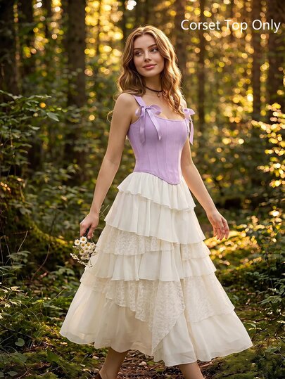 SHEIN MOD Bow Front Tie Back Lilac Corset Tank Top, Holiday, New Year's Eve, Tank Top For Going Out, Thanksgiving,Halloween