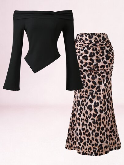 SHEIN Teen Girl Ribbed Cold Shoulder Ruffle Bow Asymmetrical Hem Long Sleeve Slim Fit Sweet T-Shirt And Girl's Casual Holiday Leopard Print Maxi Skirt 2 Pieces Set, Suitable For Party, Back To School, Elegant French, Princess, Wedding, Birthday, Outing, Spring/Autumn, Autumn, Seasonal Transition