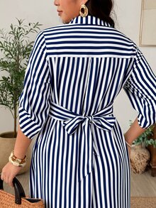 Weeklong French Vintage Elegant Fashion Commuter Waist-Cinching Tie Bow Striped Dress Fall - Blue - View 2