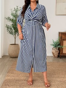 Weeklong French Vintage Elegant Fashion Commuter Waist-Cinching Tie Bow Striped Dress Fall - Blue - View 4