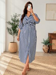 Weeklong French Vintage Elegant Fashion Commuter Waist-Cinching Tie Bow Striped Dress Fall - Blue - View 3