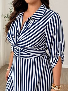 Weeklong French Vintage Elegant Fashion Commuter Waist-Cinching Tie Bow Striped Dress Fall - Blue - View 5