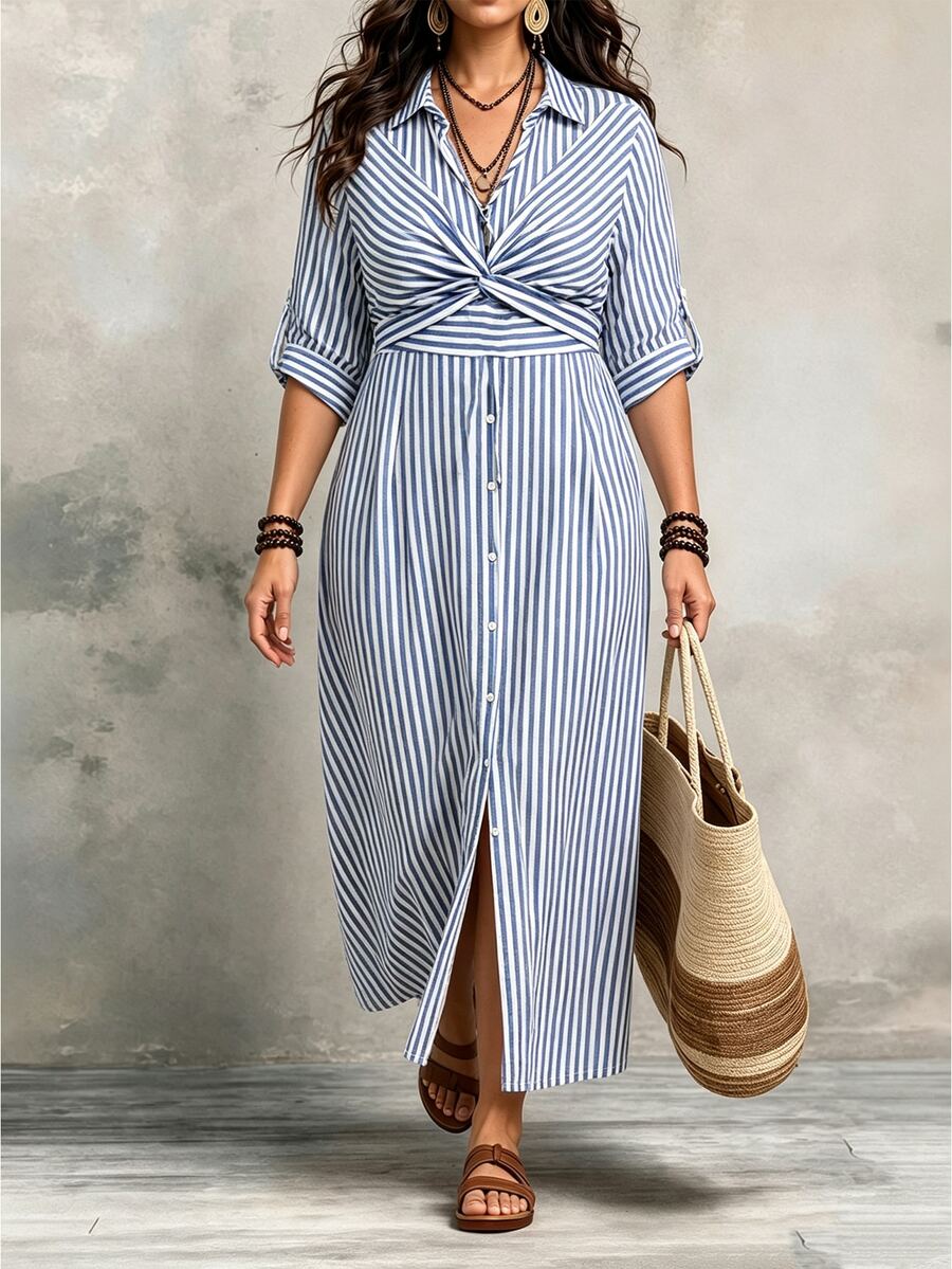 Weeklong French Vintage Elegant Fashion Commuter Waist-Cinching Tie Bow Striped Dress Fall - Blue - View 1