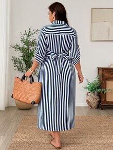 Weeklong French Vintage Elegant Fashion Commuter Waist-Cinching Tie Bow Striped Dress Fall - Blue - View 6
