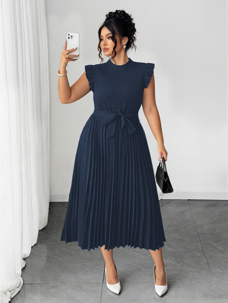 Elenzga Summer Fashion Casual French Vintage Elegant Commuter Tie Waist Flutter Sleeve Accordion Pleat Dress Teachers' Day Formal Date Night Navy Blue