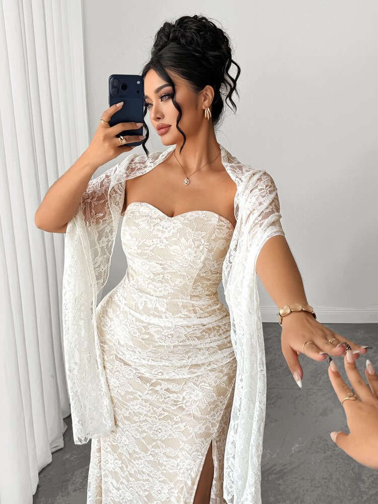 Elenzga Gaun Plus Size Model Bandeau Berenda dengan Detail Kerutan di Pinggang dan Belahan Samping + Gaun Jubah Berenda, Gaun Elegan untuk Kencan, Pesta, dan Acara Khusus. - Putih - View 3
