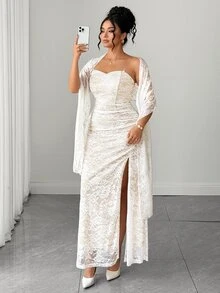 Elenzga Plus Size Lace Bandeau Waist Ruched Side Slit Dress + Lace Cape Dress Elegant Outing Date Party Gathering Exquisite Dress - White - View 8