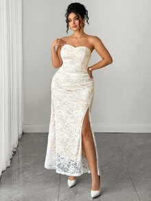 Elenzga Plus Size Lace Bandeau Waist Ruched Side Slit Dress + Lace Cape Dress Elegant Outing Date Party Gathering Exquisite Dress - White - View 6