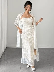 Elenzga Plus Size Lace Bandeau Waist Ruched Side Slit Dress + Lace Cape Dress Elegant Outing Date Party Gathering Exquisite Dress - White - View 1