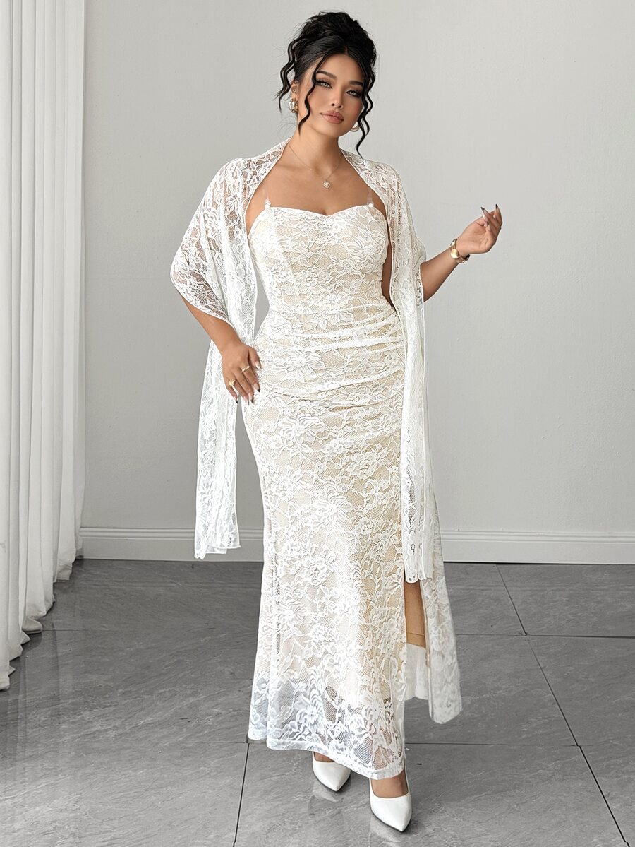 Elenzga Plus Size Lace Bandeau Waist Ruched Side Slit Dress + Lace Cape Dress Elegant Outing Date Party Gathering Exquisite Dress - White - View 1