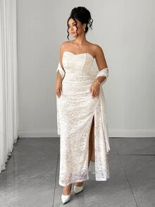 Elenzga Plus Size Lace Bandeau Waist Ruched Side Slit Dress + Lace Cape Dress Elegant Outing Date Party Gathering Exquisite Dress - White - View 5