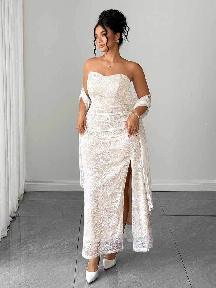 Elenzga Gaun Plus Size Model Bandeau Berenda dengan Detail Kerutan di Pinggang dan Belahan Samping + Gaun Jubah Berenda, Gaun Elegan untuk Kencan, Pesta, dan Acara Khusus. - Putih - View 5
