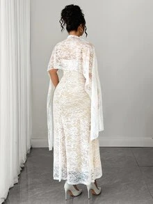 Elenzga Plus Size Lace Bandeau Waist Ruched Side Slit Dress + Lace Cape Dress Elegant Outing Date Party Gathering Exquisite Dress - White - View 2