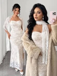 Elenzga Plus Size Lace Bandeau Waist Ruched Side Slit Dress + Lace Cape Dress Elegant Outing Date Party Gathering Exquisite Dress - White - View 4