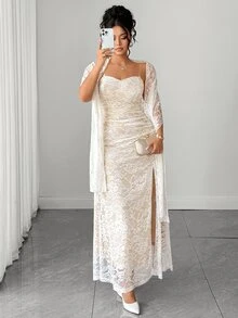 Elenzga Plus Size Lace Bandeau Waist Ruched Side Slit Dress + Lace Cape Dress Elegant Outing Date Party Gathering Exquisite Dress - White - View 7