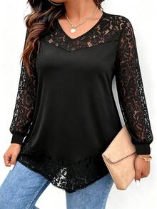 Weeklong Plus Size Women's Long Sleeve Lace V-Neck Top, Solid Color Elastic Knit Fabric, Draping And Smooth, Non-Clinging And Flattering, All-Match Versatile And Stain-Resistant; Suitable For Office Commute, Shopping, Afternoon Tea, Light Gatherings, Wear Alone In Spring/Autumn, Layer Under Blazer/Coat In Winter - Black - View 7