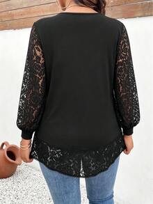 Weeklong Plus Size Women's Long Sleeve Lace V-Neck Top, Solid Color Elastic Knit Fabric, Draping And Smooth, Non-Clinging And Flattering, All-Match Versatile And Stain-Resistant; Suitable For Office Commute, Shopping, Afternoon Tea, Light Gatherings, Wear Alone In Spring/Autumn, Layer Under Blazer/Coat In Winter - Black - View 5
