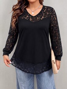 Weeklong Plus Size Women's Long Sleeve Lace V-Neck Top, Solid Color Elastic Knit Fabric, Draping And Smooth, Non-Clinging And Flattering, All-Match Versatile And Stain-Resistant; Suitable For Office Commute, Shopping, Afternoon Tea, Light Gatherings, Wear Alone In Spring/Autumn, Layer Under Blazer/Coat In Winter - Black - View 3