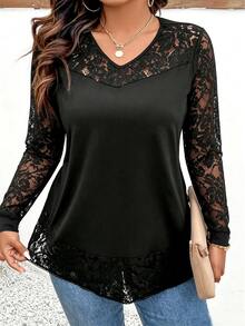Weeklong Plus Size Women's Long Sleeve Lace V-Neck Top, Solid Color Elastic Knit Fabric, Draping And Smooth, Non-Clinging And Flattering, All-Match Versatile And Stain-Resistant; Suitable For Office Commute, Shopping, Afternoon Tea, Light Gatherings, Wear Alone In Spring/Autumn, Layer Under Blazer/Coat In Winter - Black - View 8