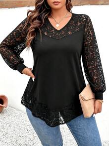 Weeklong Plus Size Women's Long Sleeve Lace V-Neck Top, Solid Color Elastic Knit Fabric, Draping And Smooth, Non-Clinging And Flattering, All-Match Versatile And Stain-Resistant; Suitable For Office Commute, Shopping, Afternoon Tea, Light Gatherings, Wear Alone In Spring/Autumn, Layer Under Blazer/Coat In Winter - Black - View 6