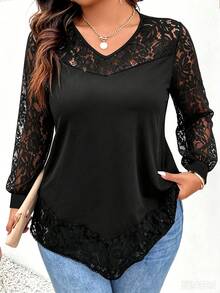 Weeklong Plus Size Women's Long Sleeve Lace V-Neck Top, Solid Color Elastic Knit Fabric, Draping And Smooth, Non-Clinging And Flattering, All-Match Versatile And Stain-Resistant; Suitable For Office Commute, Shopping, Afternoon Tea, Light Gatherings, Wear Alone In Spring/Autumn, Layer Under Blazer/Coat In Winter - Black - View 1