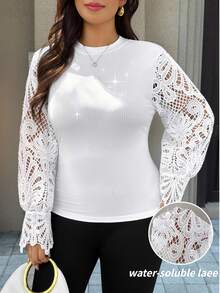 Easura Autumn/Winter New Water-Soluble Lace Bubble Sleeve Round Neck Ribbed Fashion Elegant Women Plus Size T-Shirt Fall - White - View 7