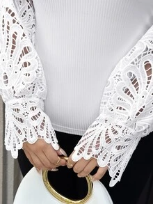 Easura Autumn/Winter New Water-Soluble Lace Bubble Sleeve Round Neck Ribbed Fashion Elegant Women Plus Size T-Shirt Fall - White - View 5