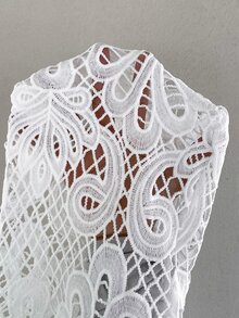 Easura Autumn/Winter New Water-Soluble Lace Bubble Sleeve Round Neck Ribbed Fashion Elegant Women Plus Size T-Shirt Fall - White - View 8