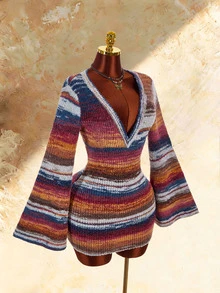 Amplova Women's Gradient V-Neck Asymmetrical Hem Knit Dress - Brown - View 7