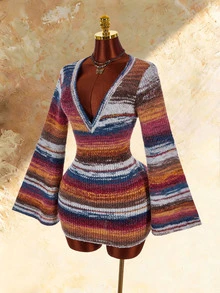 Amplova Women's Gradient V-Neck Asymmetrical Hem Knit Dress - Brown - View 3